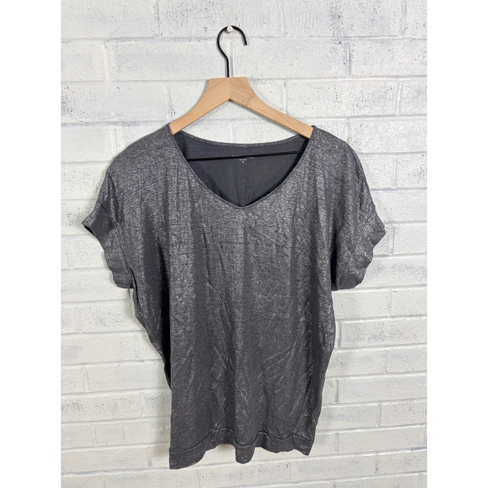 Eileen Fisher 100% Linen Top Womens M Silver Metallic V-Neck Boxy Short Sleeve